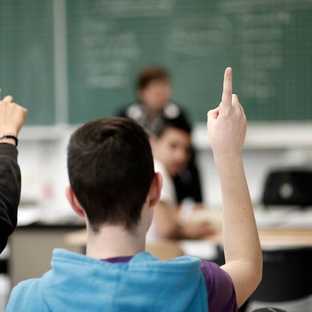 Ein Schüler hebt im Unterricht in einer Schule die Hand.