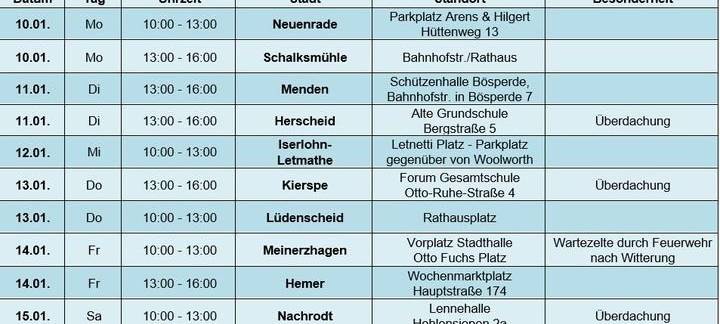 Tabellarische Auflistung der Impfbusstationen vom 10. bis 15. Januar 2022.