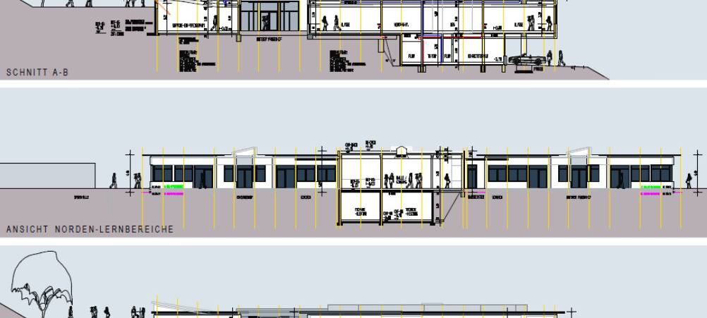 GS Holthausen Ansichten 01 und 02 (Ansichten/Schnitte aus der Bauplanung zum neuen Grundschulgebäude Holthausen.)