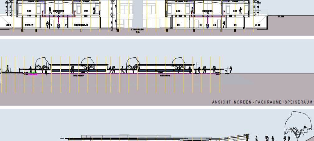 GS Holthausen Ansichten 01 und 02 (Ansichten/Schnitte aus der Bauplanung zum neuen Grundschulgebäude Holthausen.)