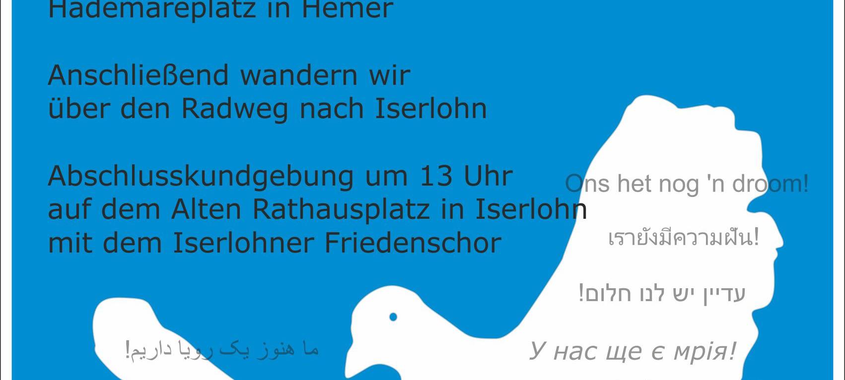 Das ist das Plakat für den Ostermarsch 2024 in Iserlohn und Hemer.