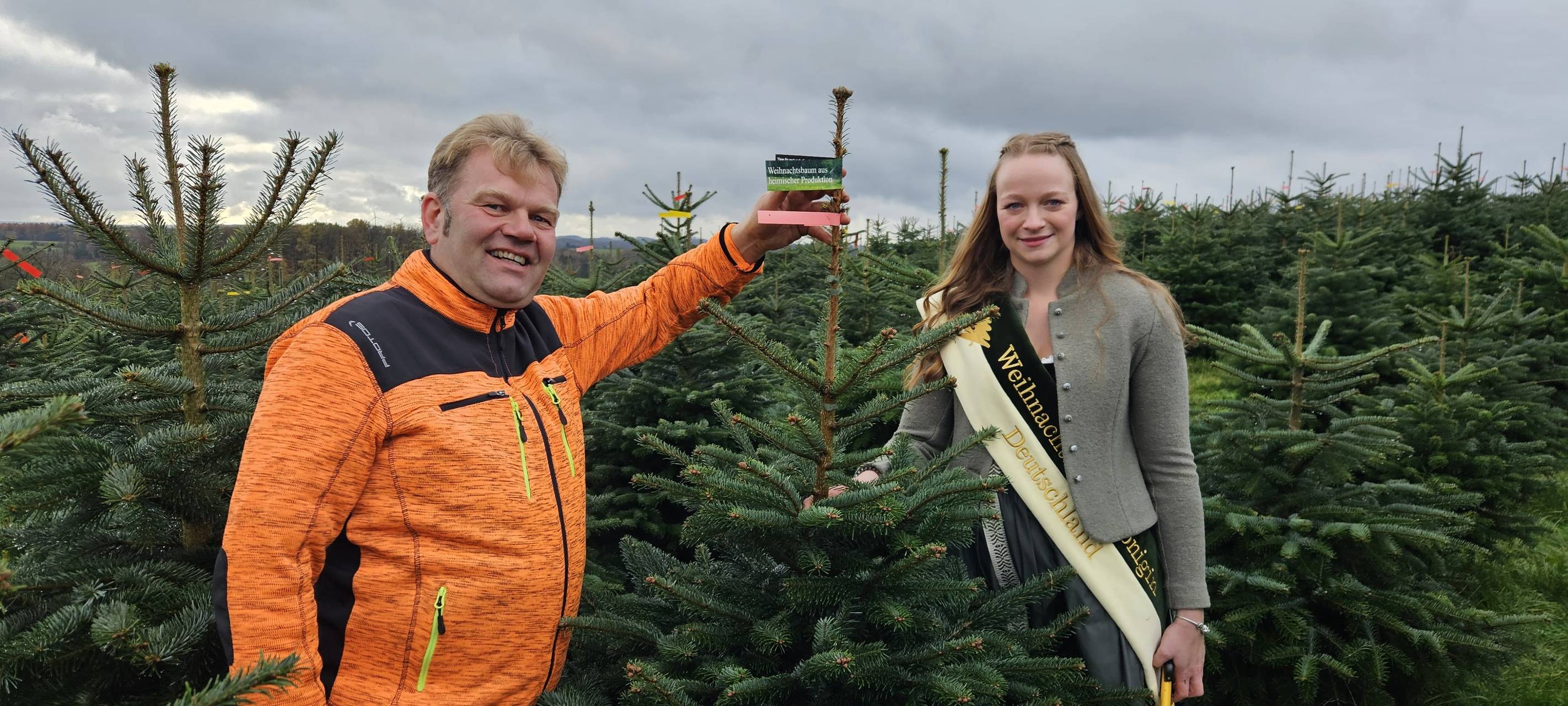 Ein Mann und eine Frau halten eine grüne Tanne, die zwischen ihnen steht.