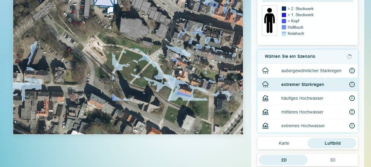 „Verschiedene Blautöne zeigen an, wo das Wasser voraussichtlich stehen wird und wie hoch es steigen könnte.“