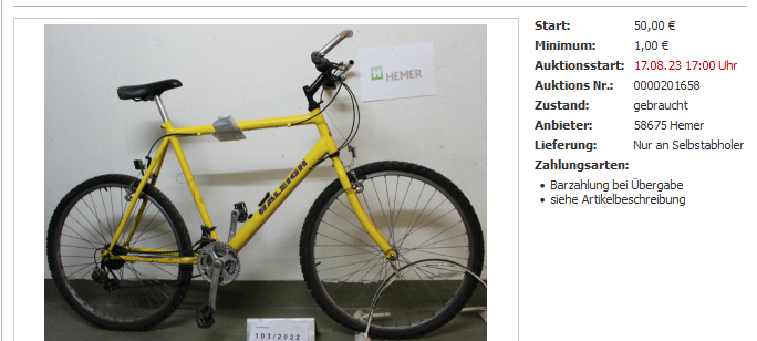 Fundsachen der Stadt Hemer ersteigern