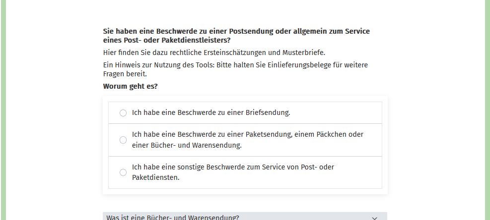 Mit dem kostenlosen Tool könnt ihr eure Rechtsansprüche und Fragen zu Brief- oder Paketsendungen checken.