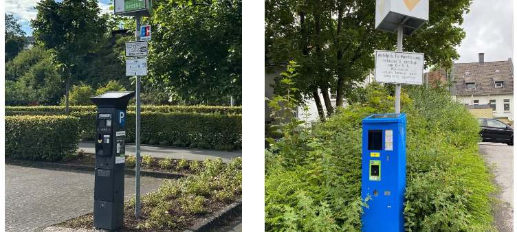 Links im Bild: Parkautomat mit Hinweis und Parkzonennummer in Sundern. Rechts im Bild: Parkautomat an der Rathausstraße in Iserlohn ohne Hinweis und Parkzonennummer.